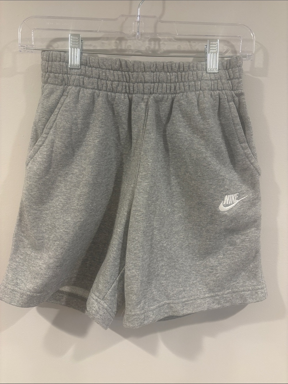 Nike Gray Kids Fleece Shorts with White Logo, Kids size large